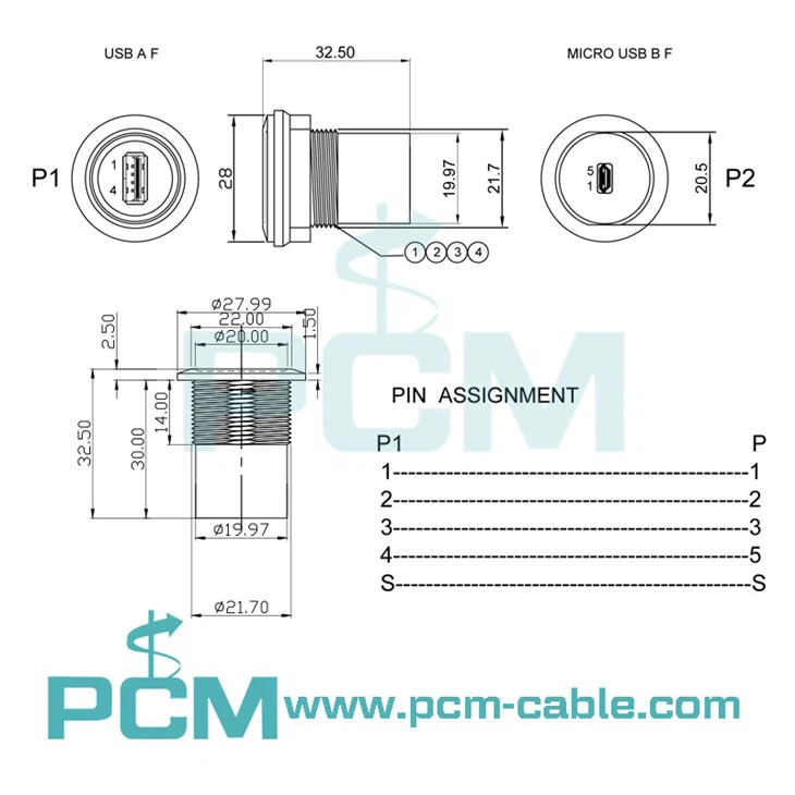 drawing cutout size dimensions pin map of usb a to micro usb round panel mount adapter